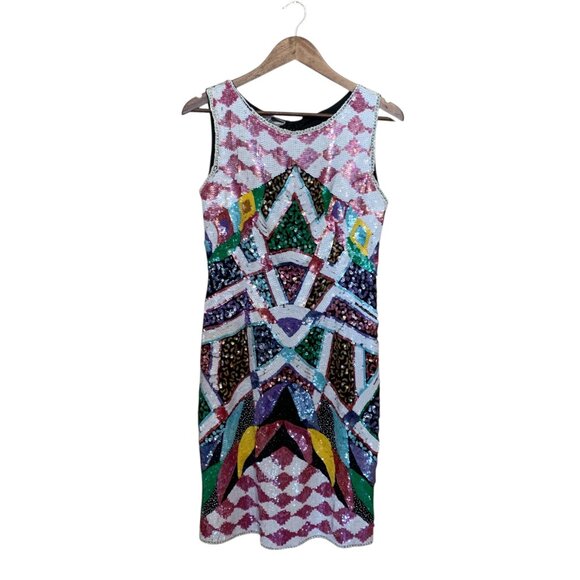 VTG Carina Dress Multicolor Sequin Geometric Sleeveless Mini Sz M Y2K Bodycon - Picture 1 of 16